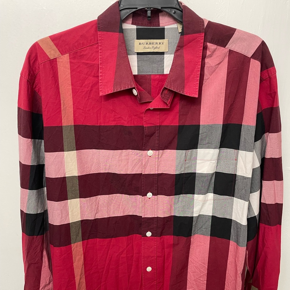 Burberry London Mens Authentic Button Down Long Sleeve Red 2XL XXL $600+